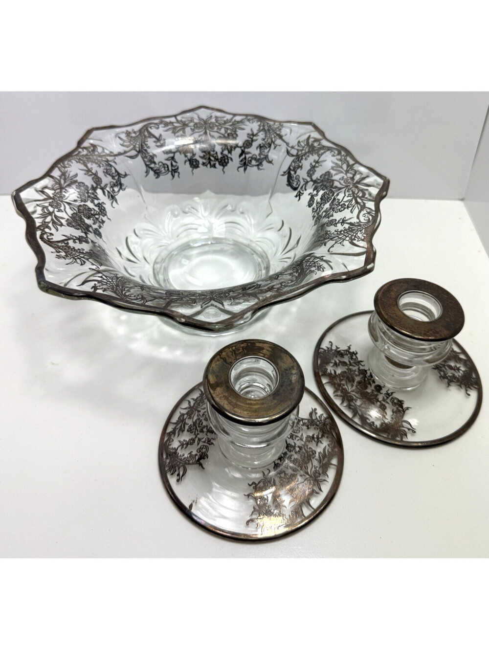 Vtg Glass Footed Bowl 2 Candlesticks Floral Flower Silver Filigree Pattern Set